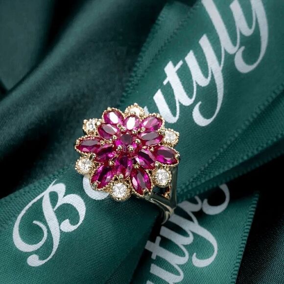 Ruby Rose Diamond Gold Flower Ring - Size 7 - Picture 4 of 8